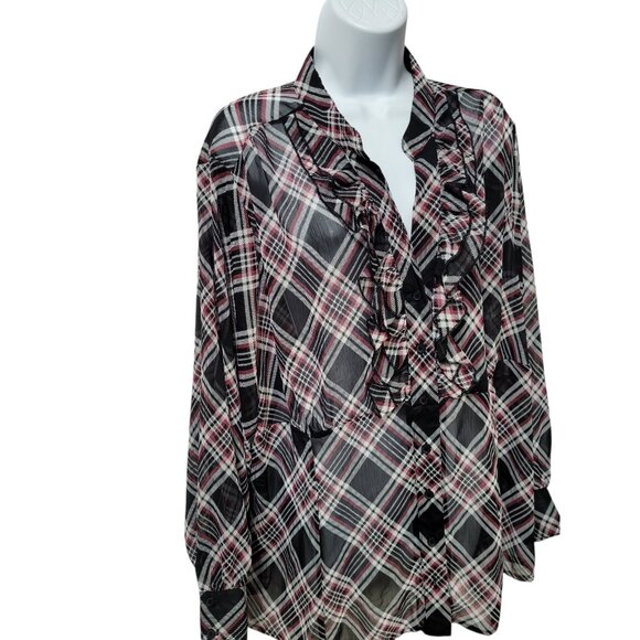 Lane Bryant Size 22/24 Black Plaid Ruffle Front Babydoll Blouse Top Sheer Preppy - Picture 3 of 13